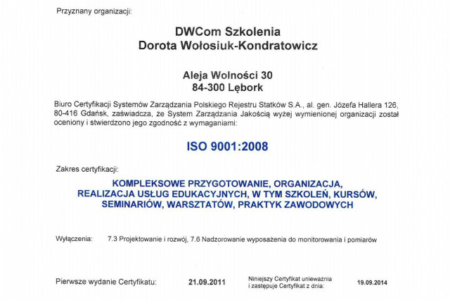 Certyfikat ISO DWCom Szkolenia